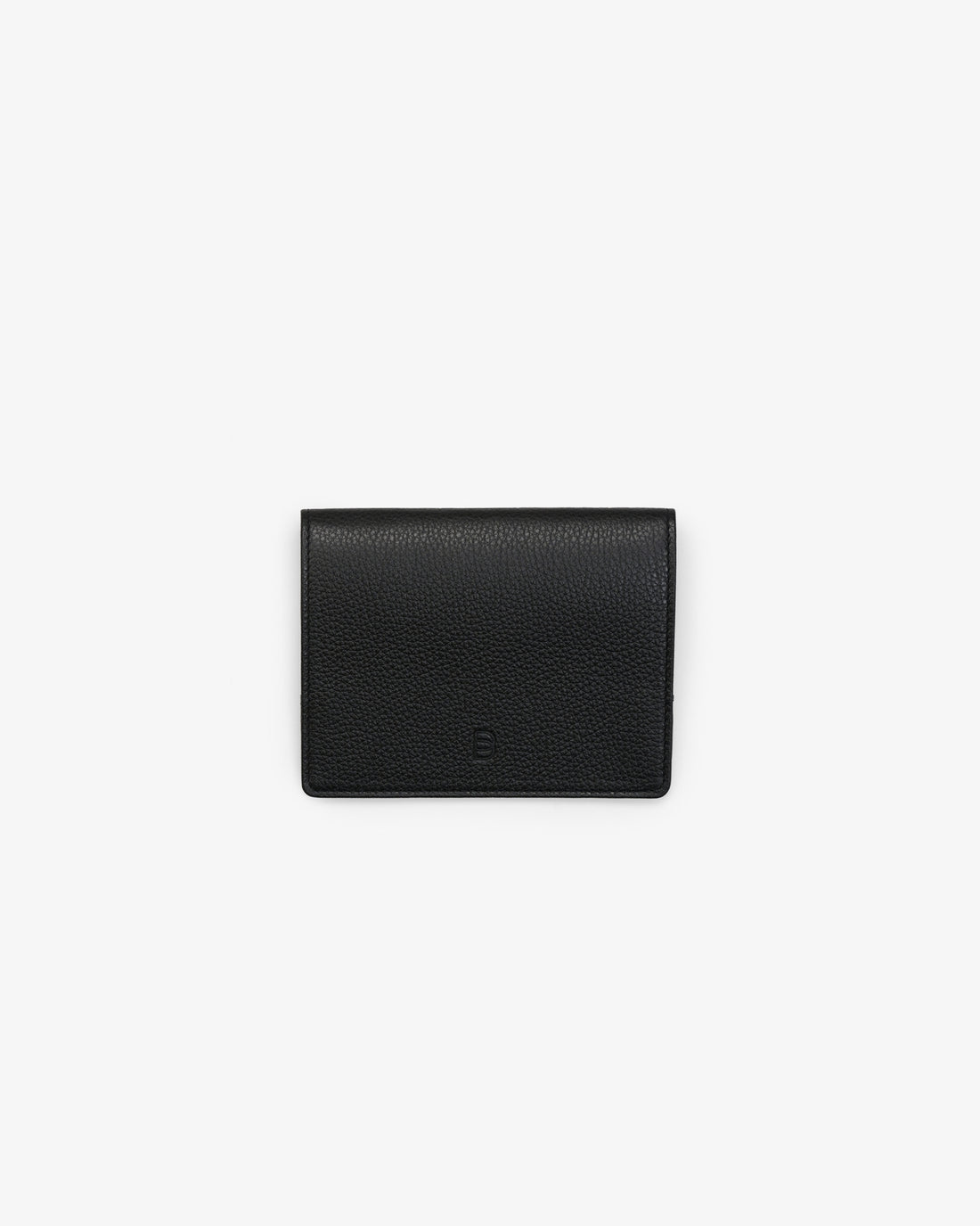 A black leather passport holder with an embossed "B" logo, shown from the back.
