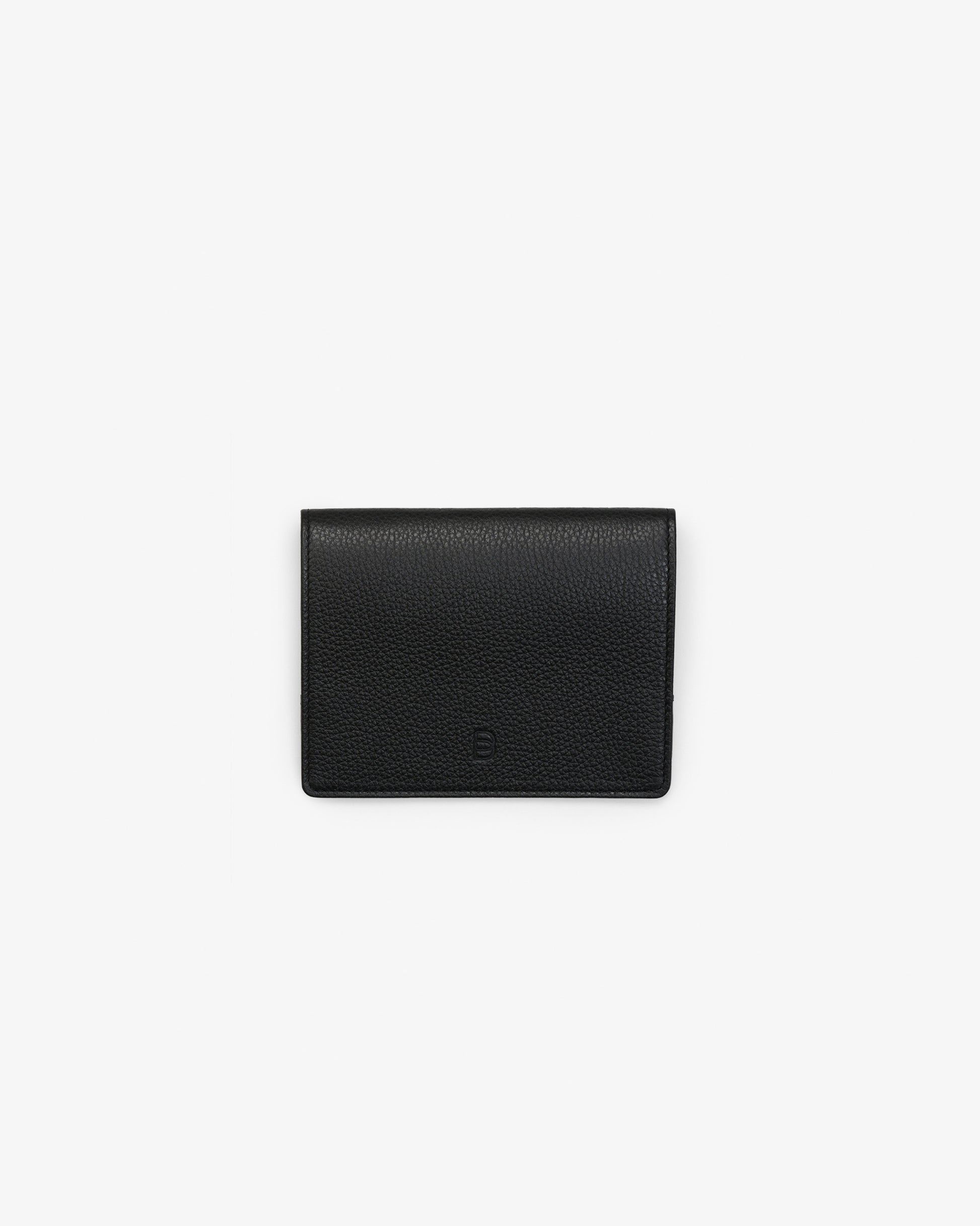 A black leather passport holder with an embossed "B" logo, shown from the back.