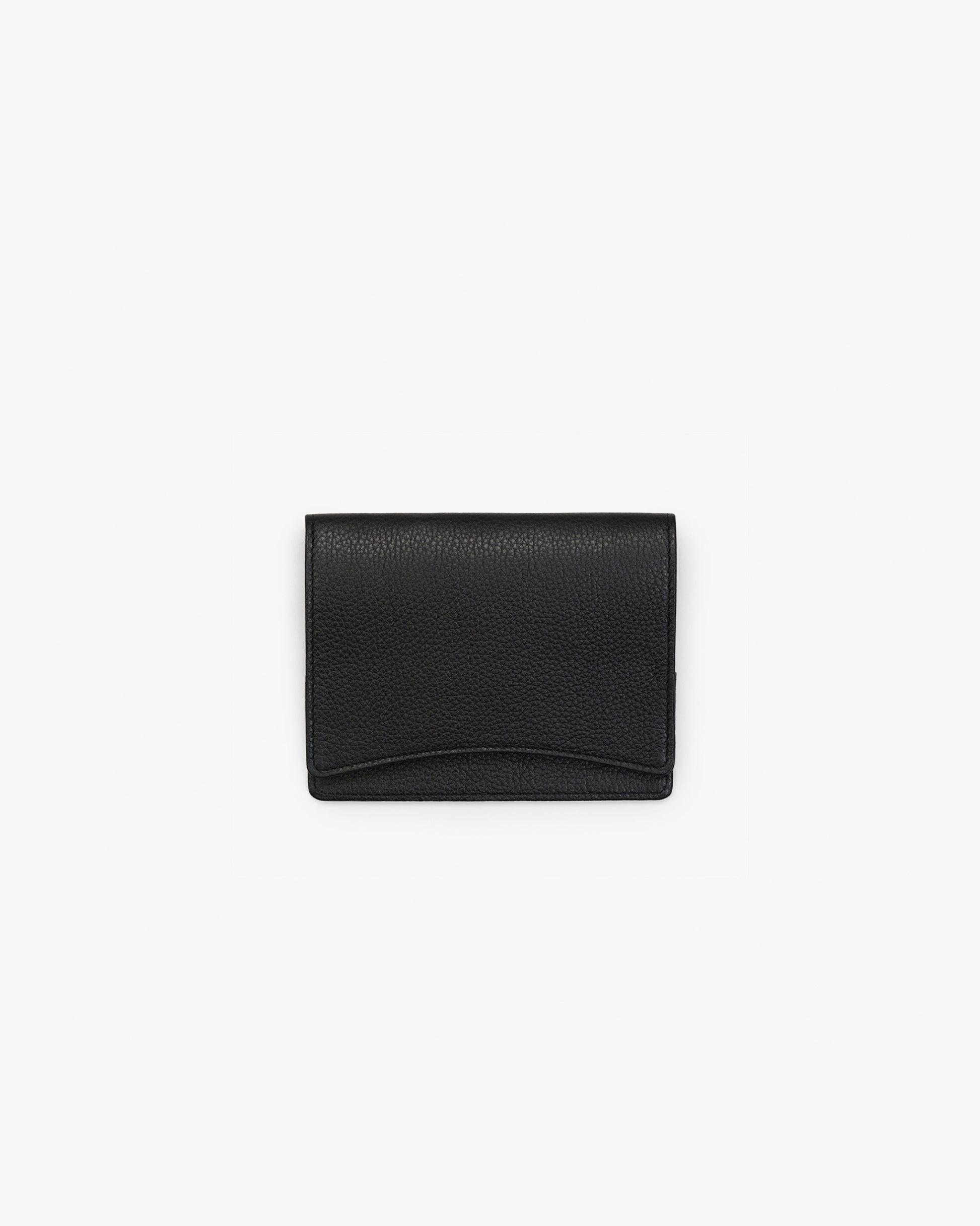 A black leather passport holder, shown against a white background.