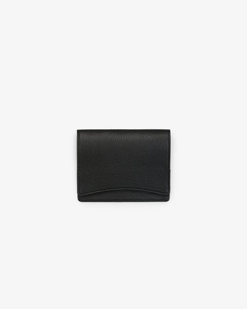 A black leather passport holder, shown against a white background.