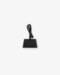 A black leather luggage tag with a rectangular body and a matching loop handle, shown against a plain white background.
