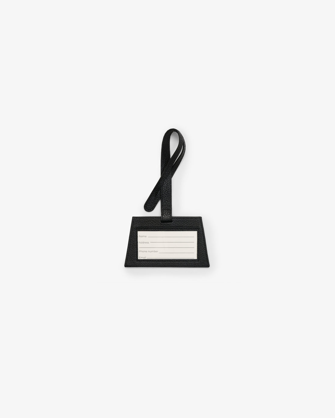 A black leather luggage tag with a rectangular body and a matching loop handle, shown against a plain white background.