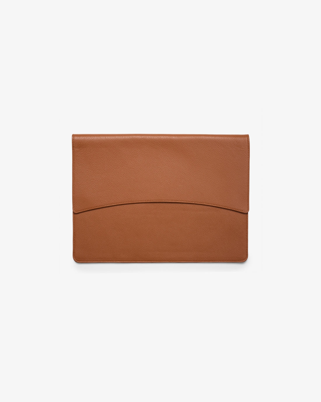 A minimalist tan leather laptop holder with a curved seam detail on the front flap, shown flat against a clean white background.