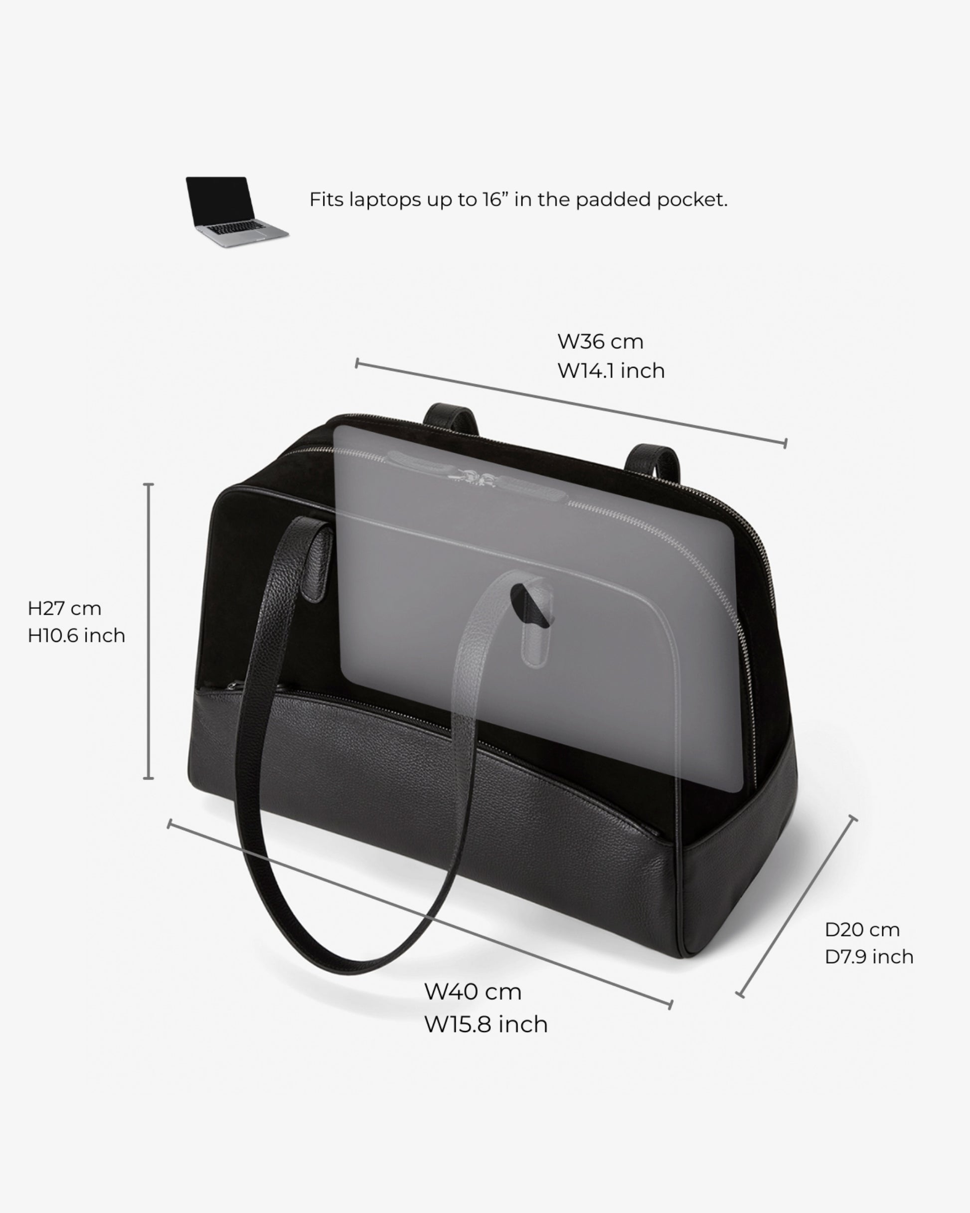 Black laptop bag with a carrying strap, shown with dimension labels and text noting it fits laptops up to 16 inches. The stand holds a translucent tablet mockup and is photographed on a light gray background.