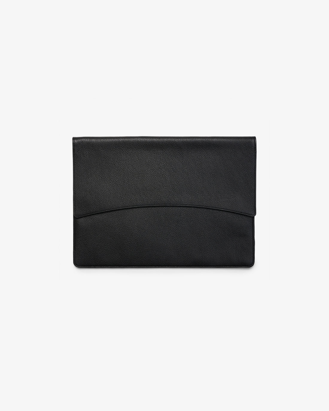 A minimalist black envelope laptop case with a subtle textured leather finish, photographed flat against a clean white background.