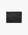 A minimalist black envelope laptop case with a subtle textured leather finish, photographed flat against a clean white background.