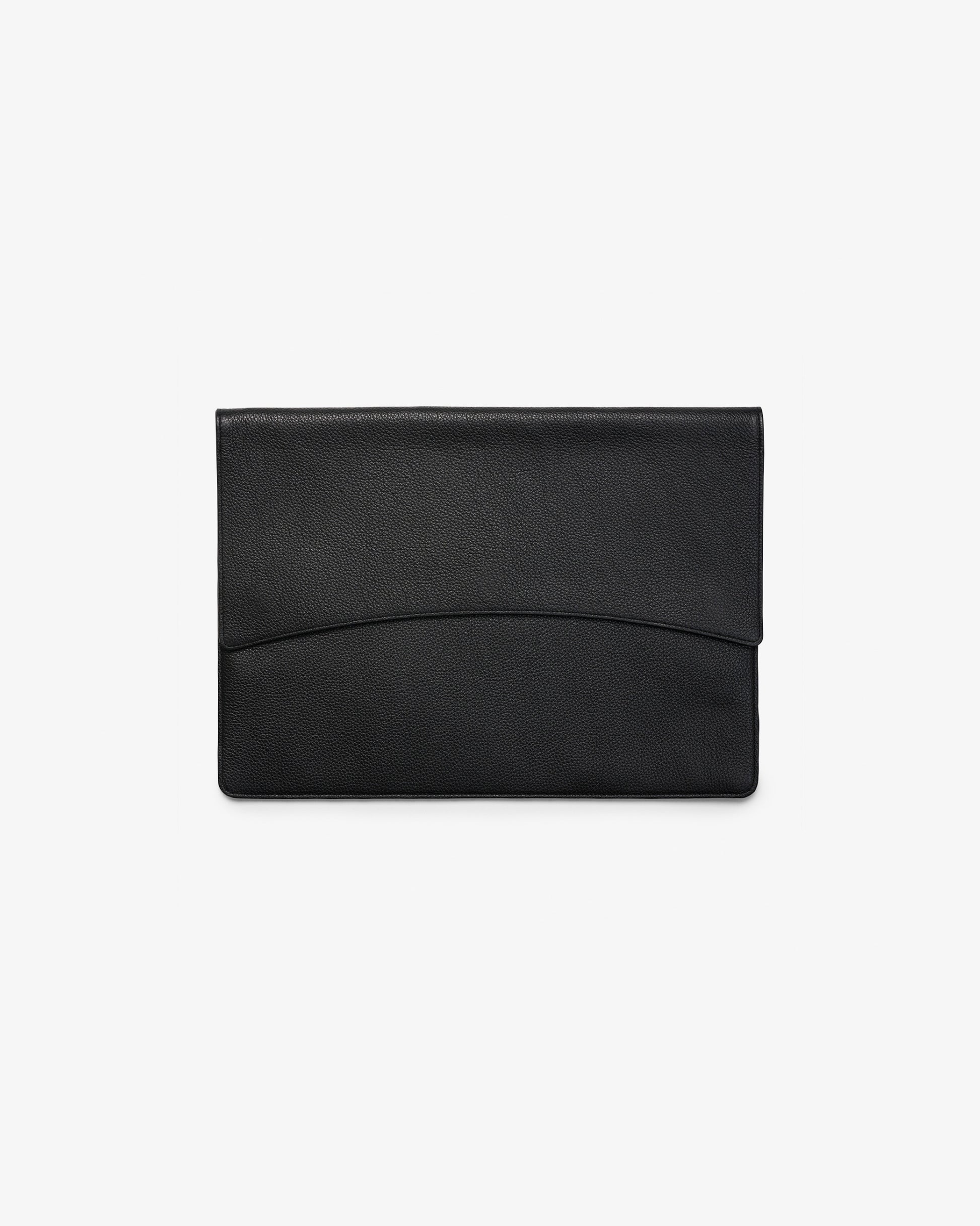 A minimalist black envelope laptop case with a subtle textured leather finish, photographed flat against a clean white background.