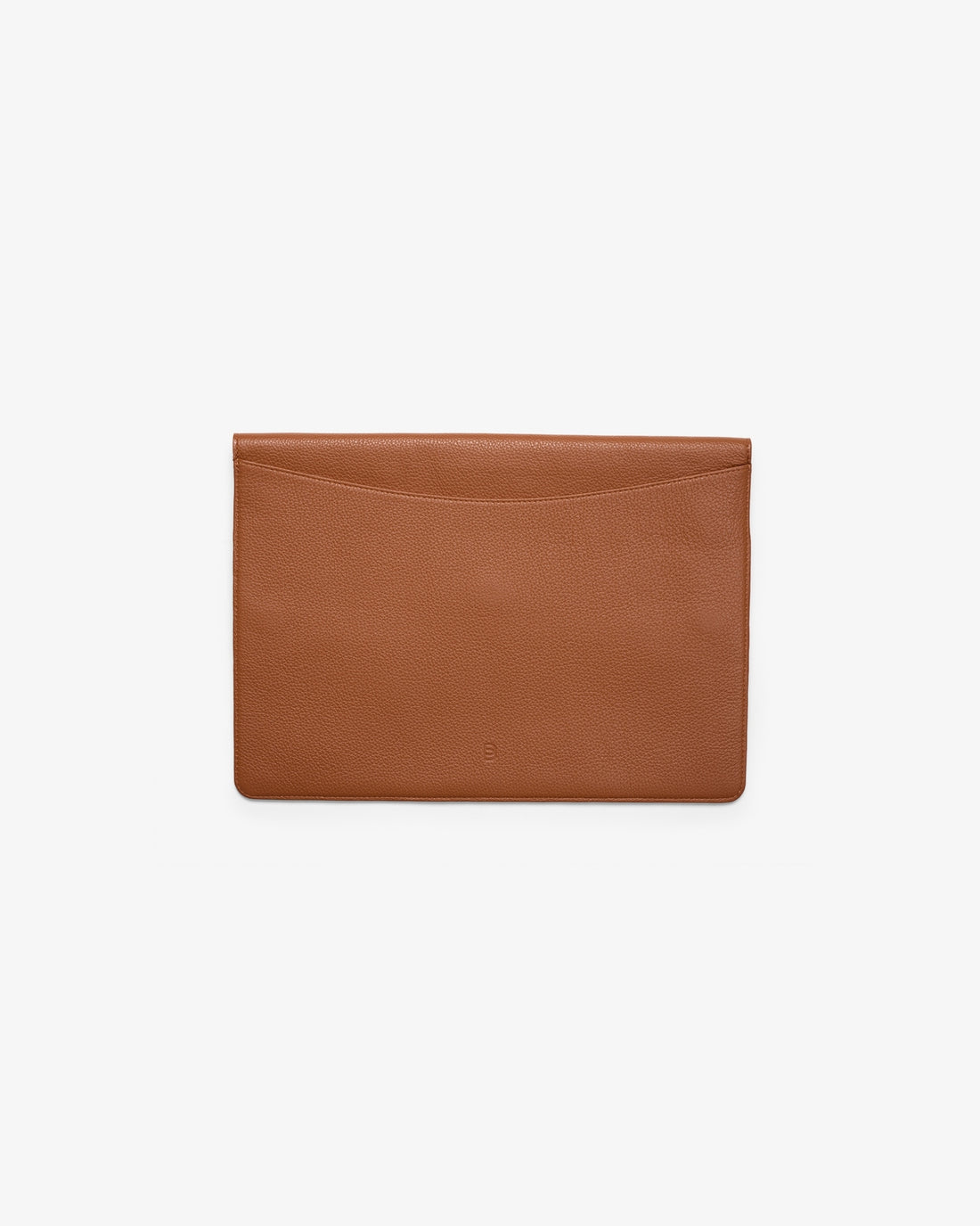 A tan leather laptop cover with a curved center seam, shown flat against a light gray background.