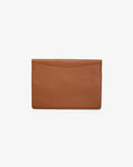 A tan leather envelope-style laptop holder, with a subtle pebbled texture and a embossed 