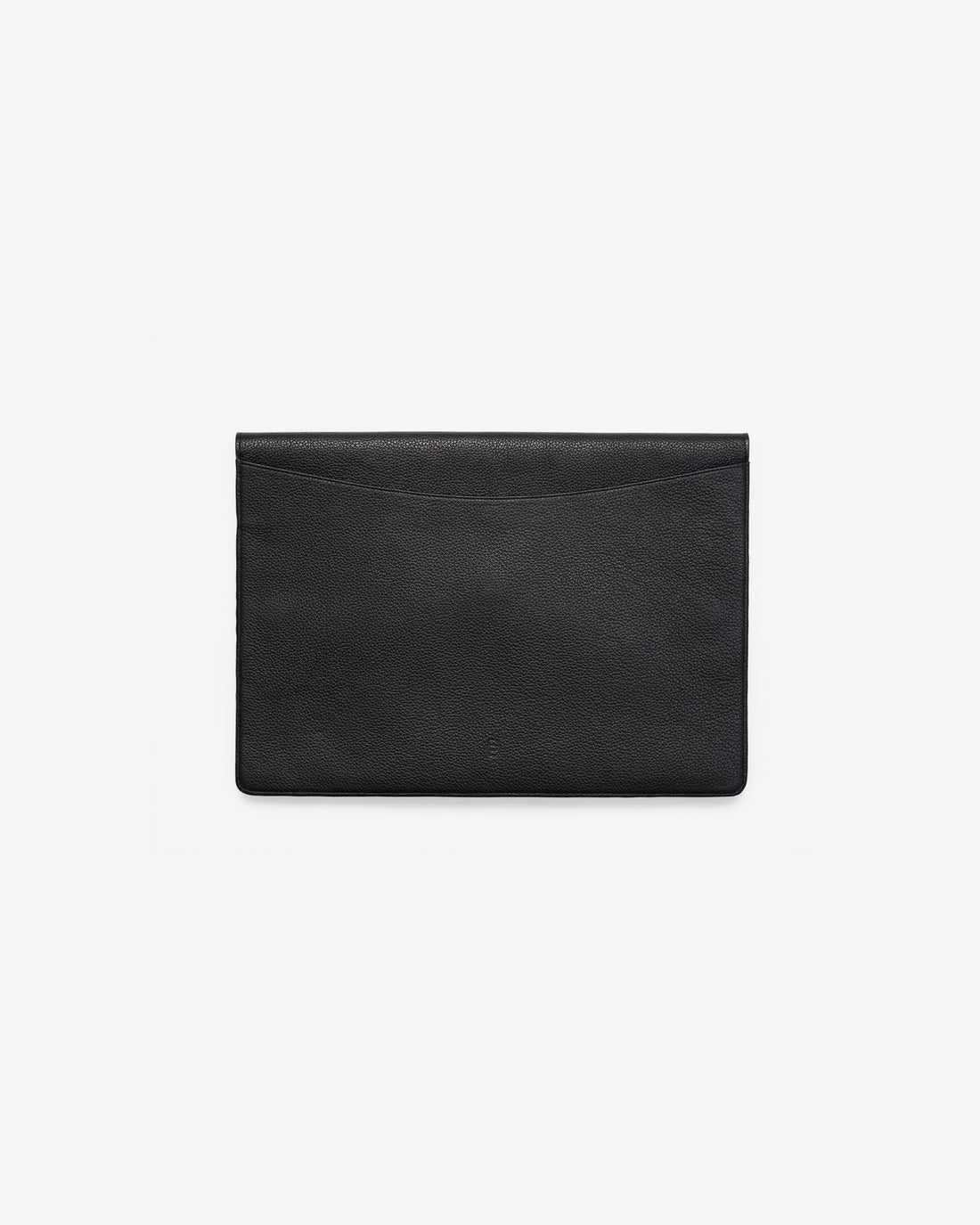 A black leather envelope-style laptop case with a subtle curved line detail across the front, shown against a plain white background.