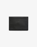 A minimalist black leather envelope-style laptop case with a subtle textured finish and an embossed 