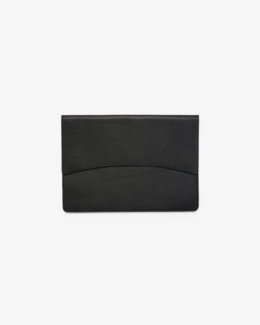 A black leather envelope-style laptop case with a subtle curved line detail across the front, shown against a plain white background.