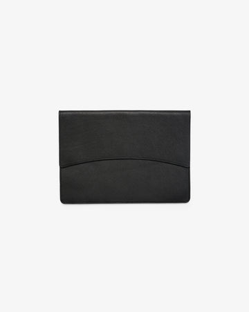 A black leather envelope-style laptop case with a subtle curved line detail across the front, shown against a plain white background.
