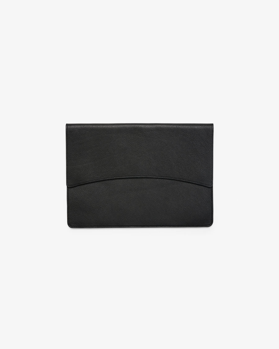 A black leather envelope-style laptop case with a subtle curved line detail across the front, shown against a plain white background.
