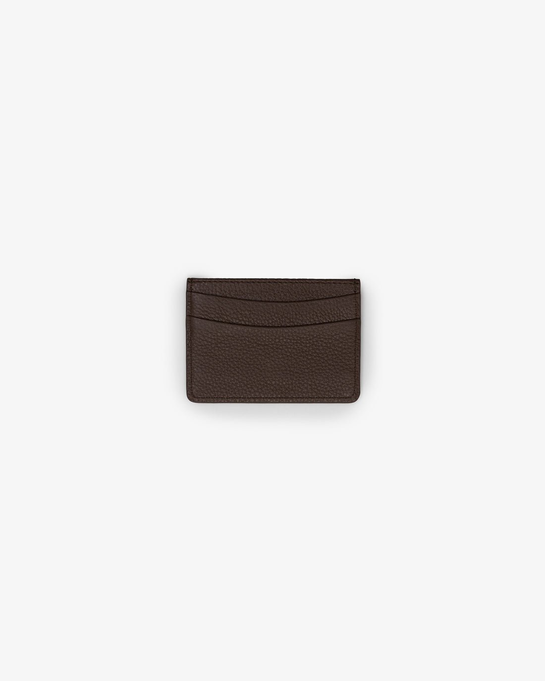 A dark brown leather card holder, with two horizontal pockets, shown against a white background.
