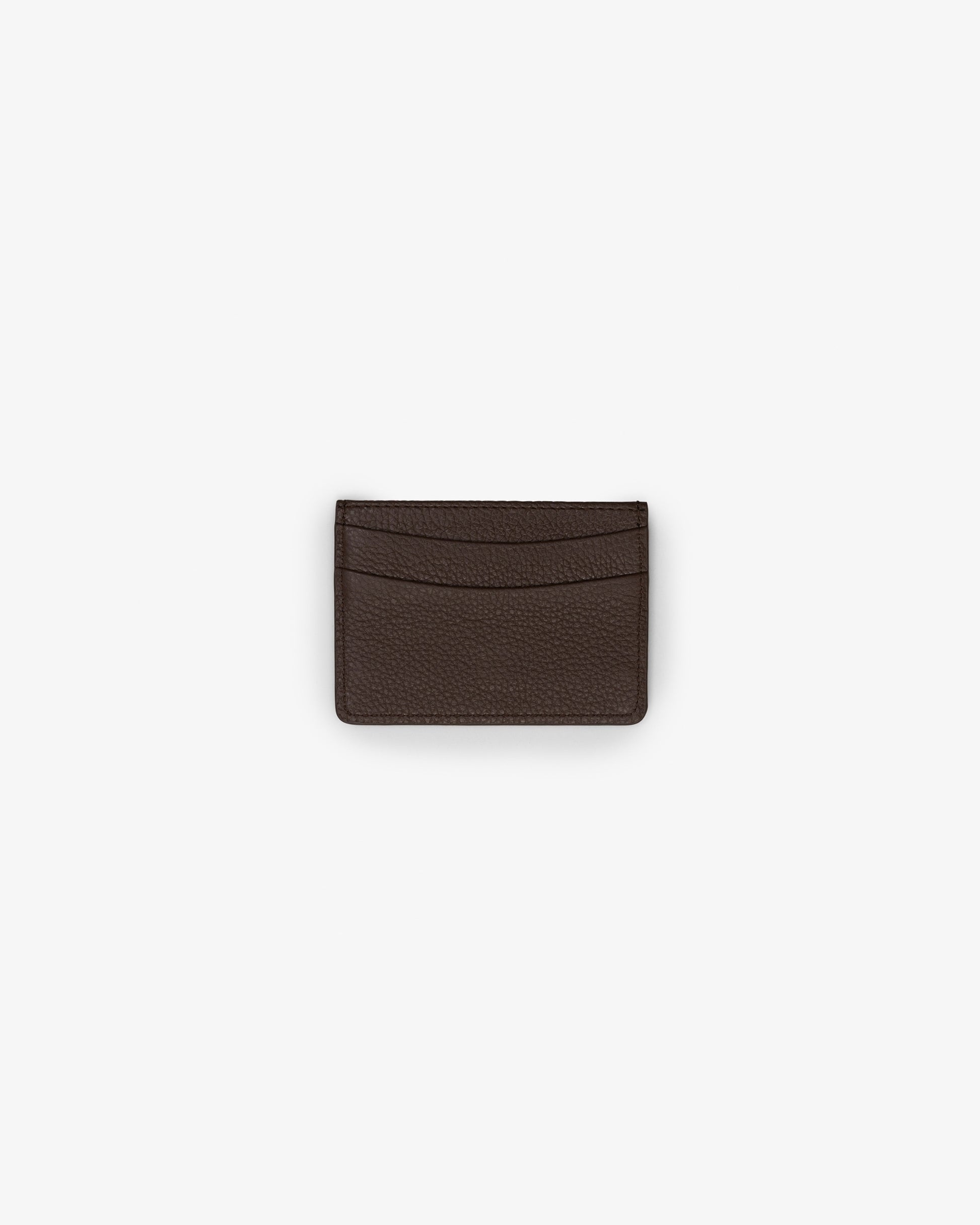 A dark brown textured leather card holder with two horizontal card slots, centered on a light gray background.