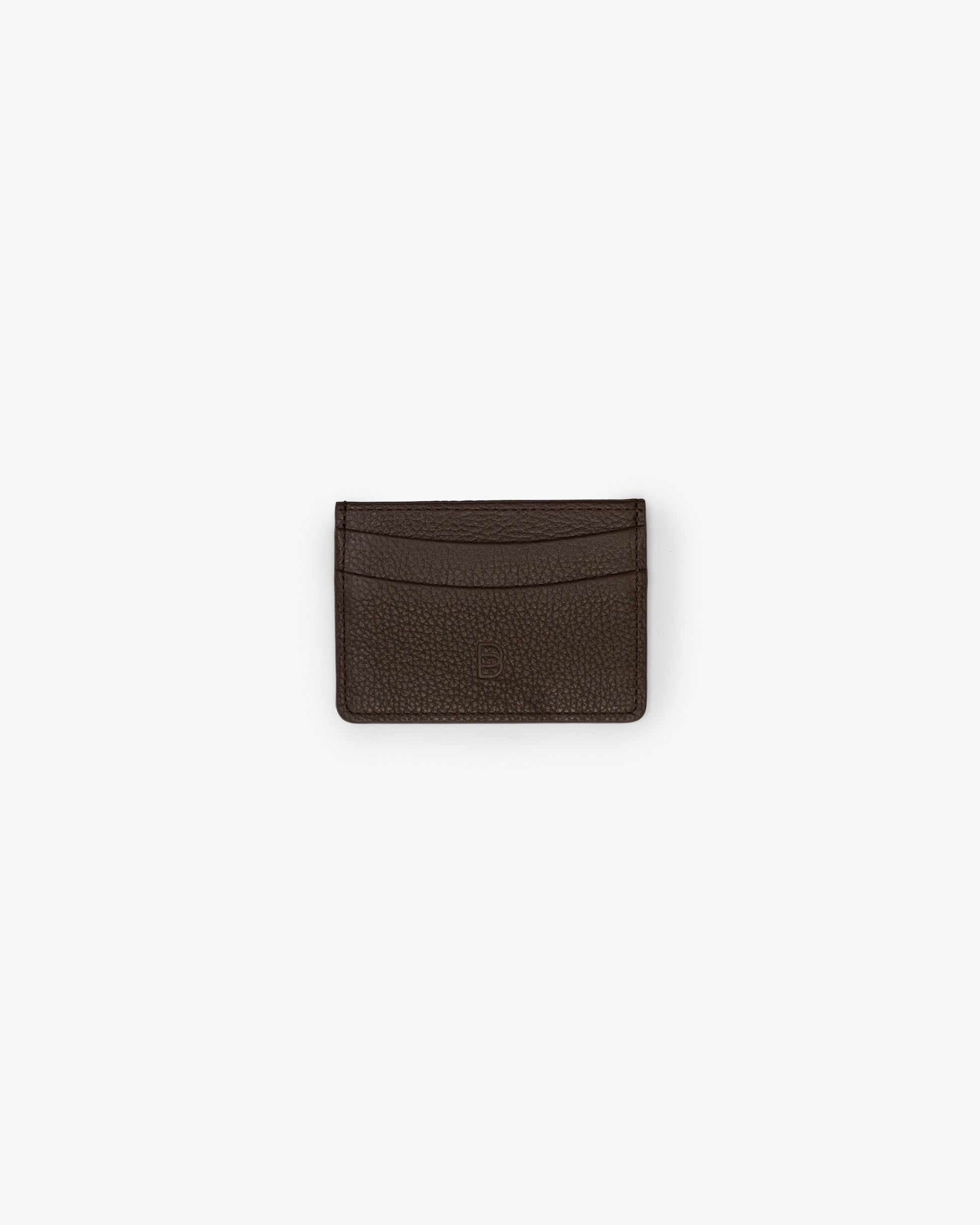 A dark brown leather card holder, with two horizontal pockets, shown against a white background.