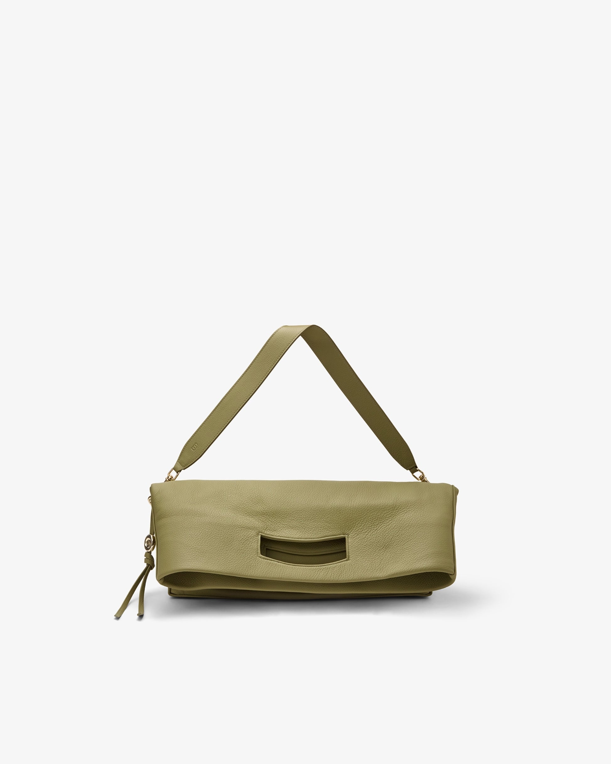 An olive green leather shoulder bag with a wide top handle, a zippered front pocket, and a small tassel zipper pull, shown on a plain light gray background.