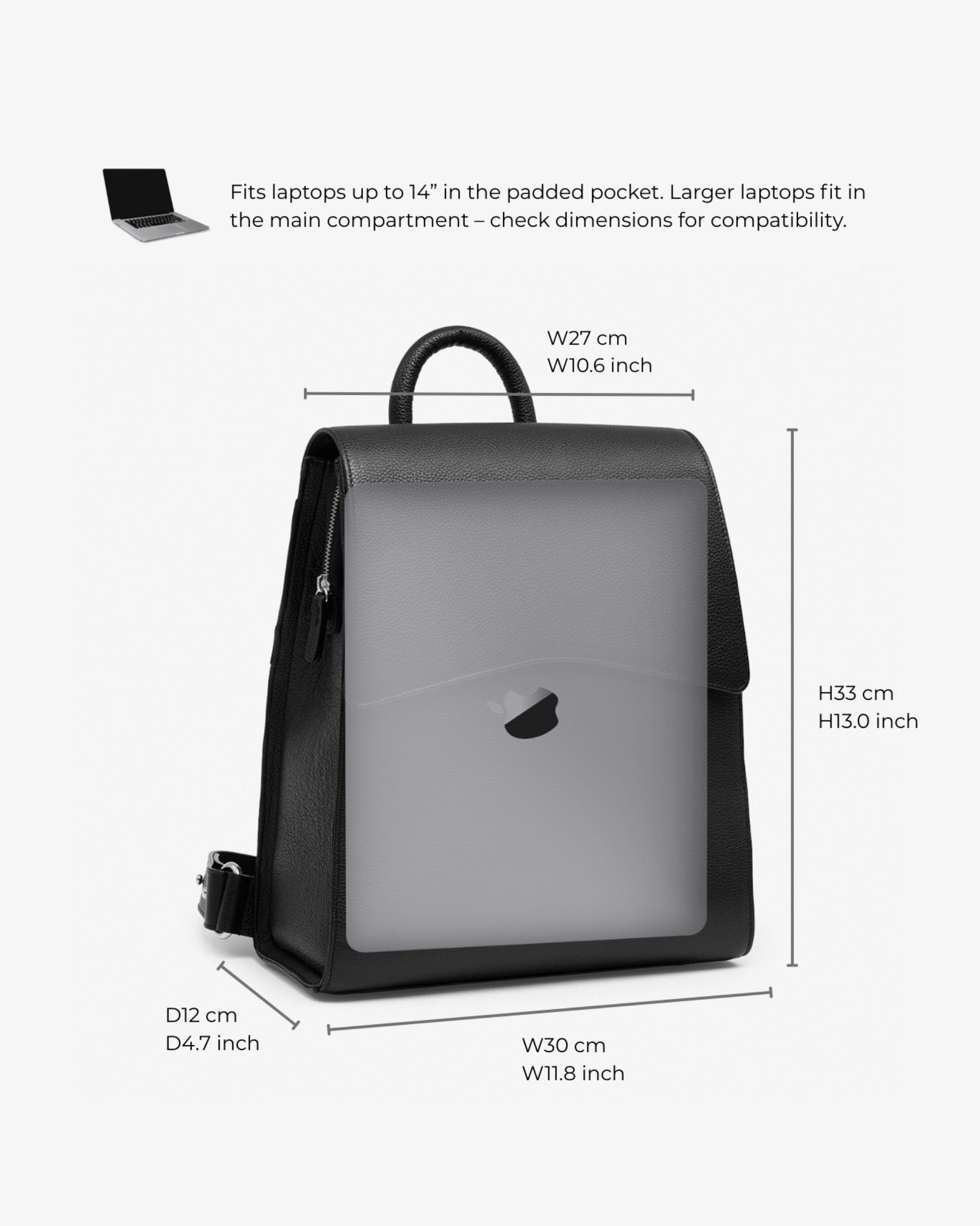 A gray and black laptop backpack shown on a light gray background with dimension labels and text noting compatibility with laptops up to 14 inches. The backpack has a top handle and side straps.