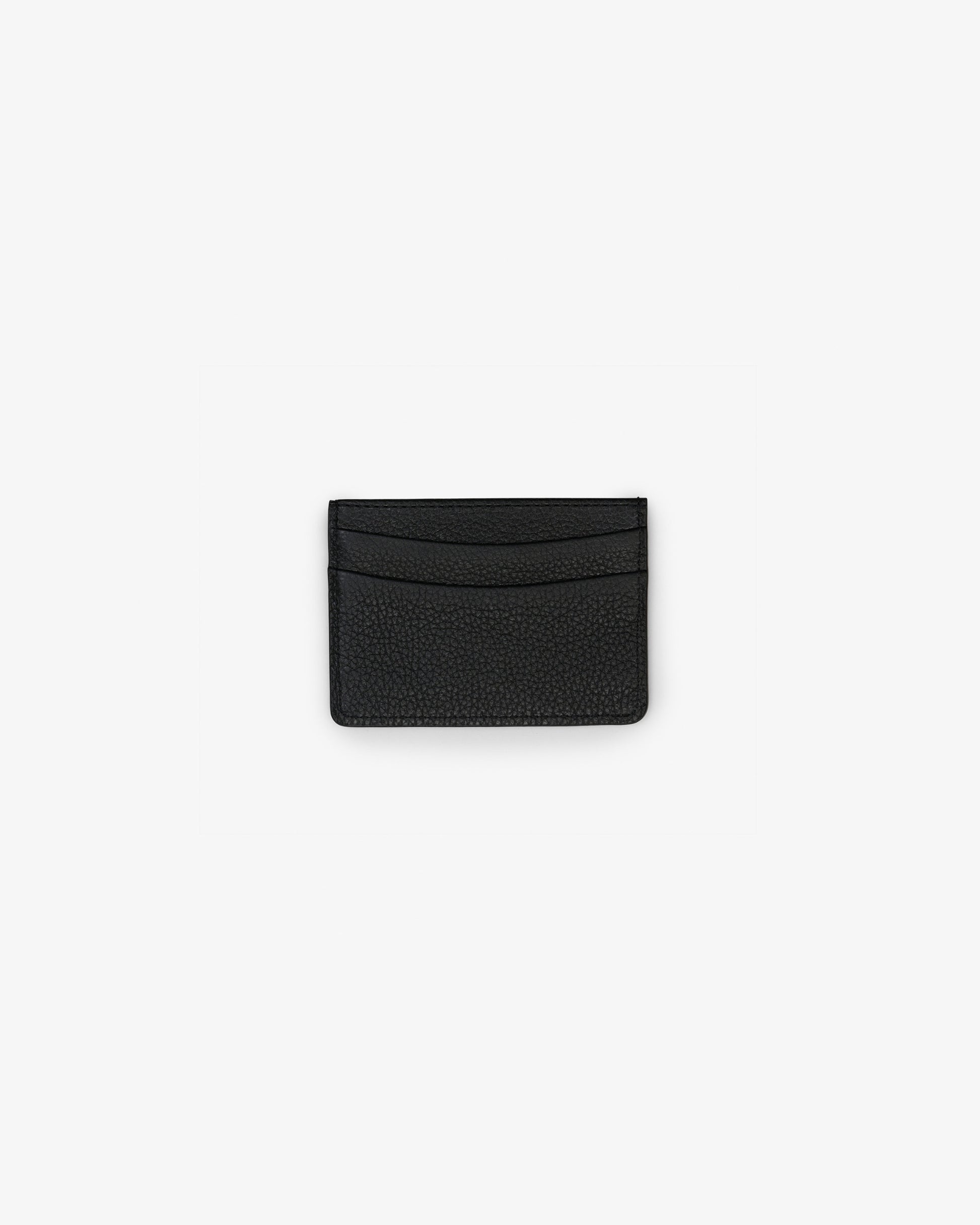 A black leather card holder with two horizontal pockets.