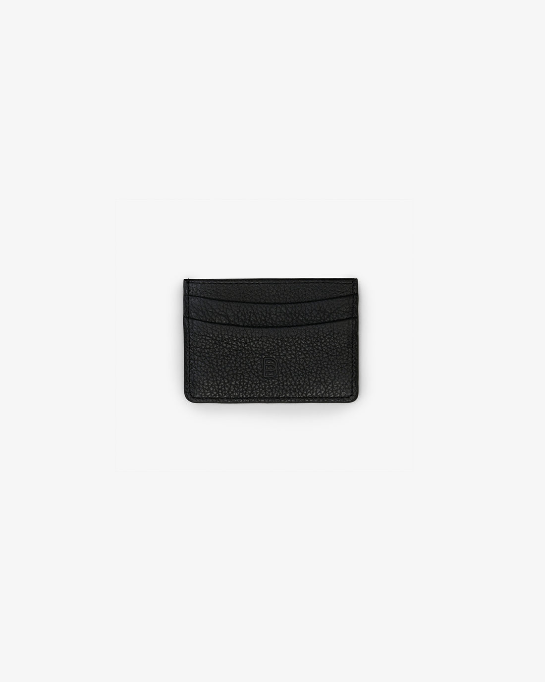 A black textured leather card holder with a subtle pebbled grain finish and an embossed "B" logo, shown from the front on a clean, light gray background.