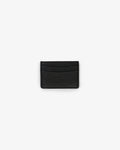 A black textured leather card holder with a subtle pebbled grain finish and an embossed 