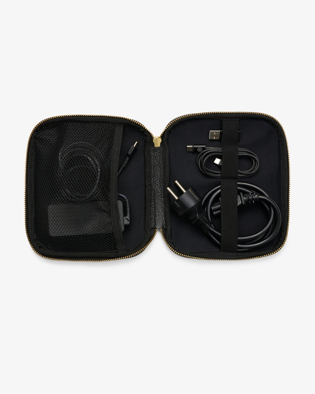 An open black zippered carrying case with gold-tone zipper trim, shown against a light gray background. Inside, black cables and accessories are organized in mesh pockets and elastic loops.