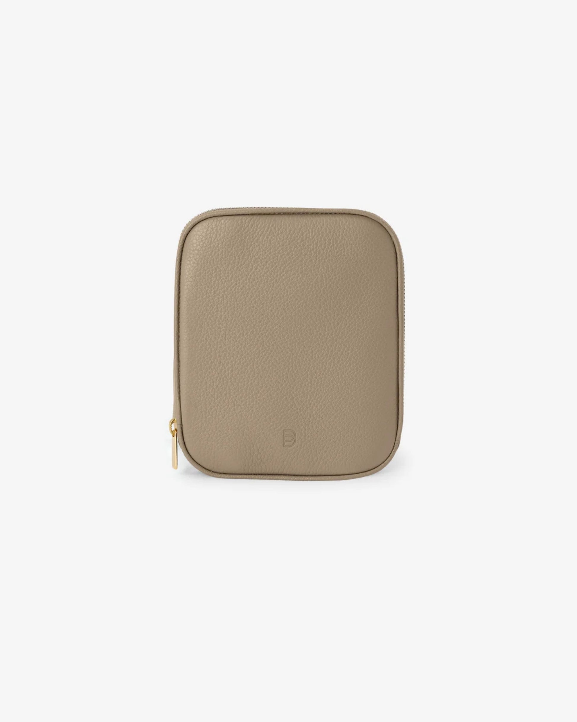 A small rectangular zippered pouch in taupe brown pebbled leather with a gold zipper pull and a subtle embossed logo, shown on a plain white background.