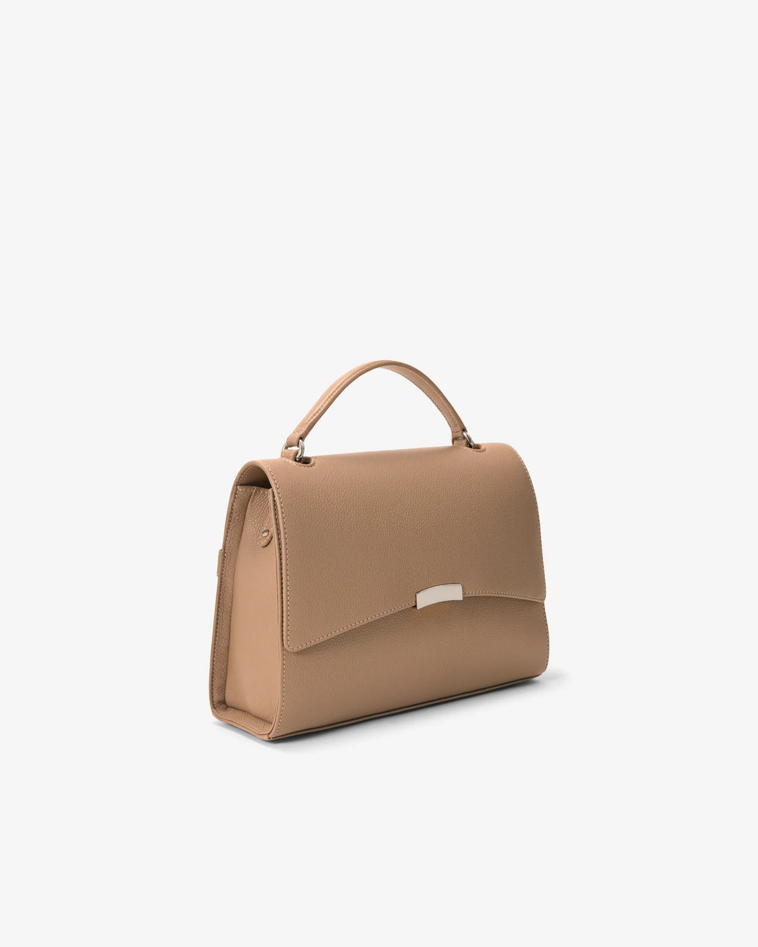 A structured top-handle handbag in a warm tan or camel beige leather, shown from a three-quarter angle against a clean, light off-white background.