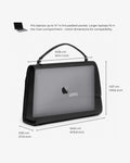 Black laptop bag with a clear front window, shown with dimension labels and a small compatibility note on a light gray background.