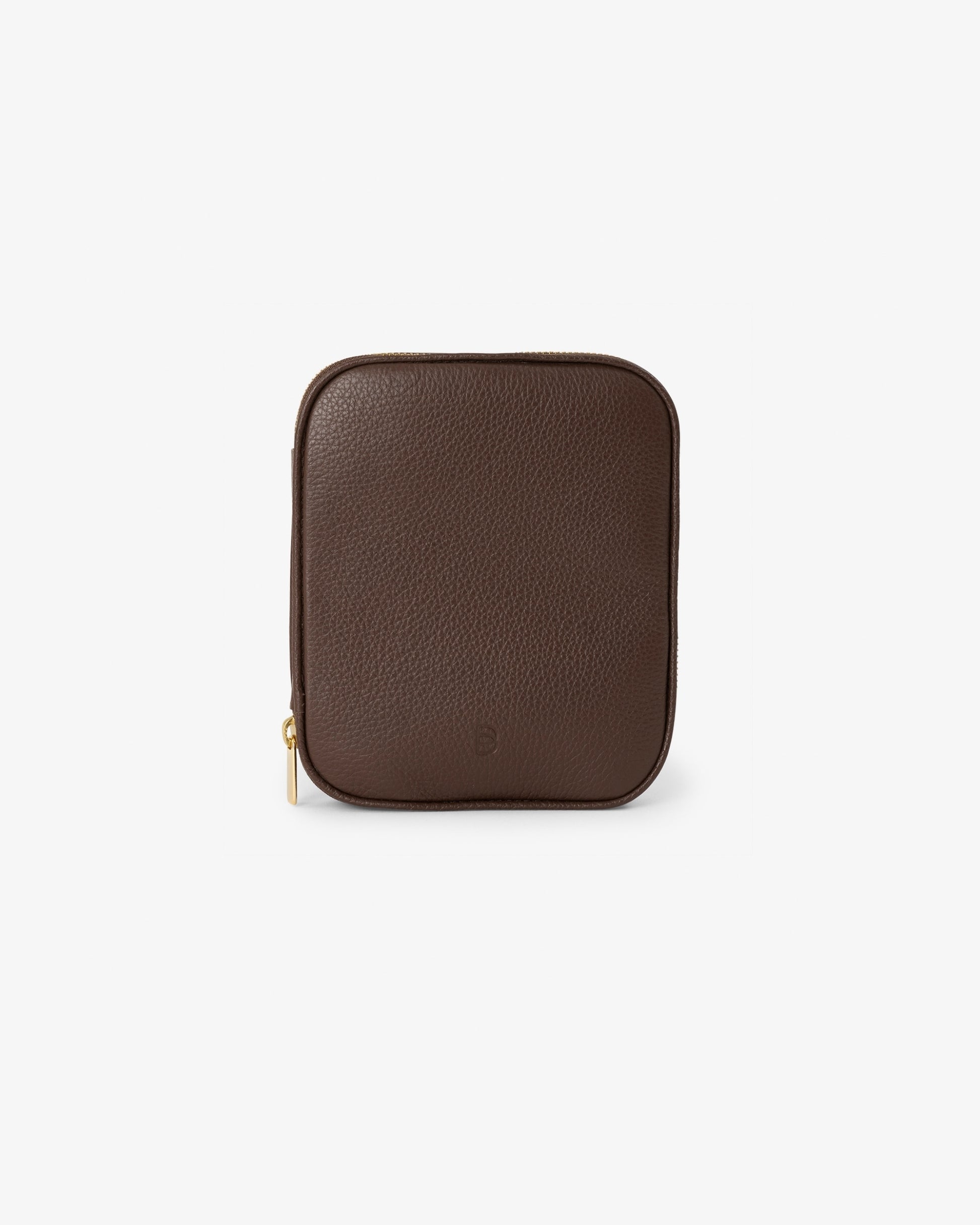 A dark brown textured leather pouch with rounded corners and a gold zipper pull, shown against a plain light gray background.