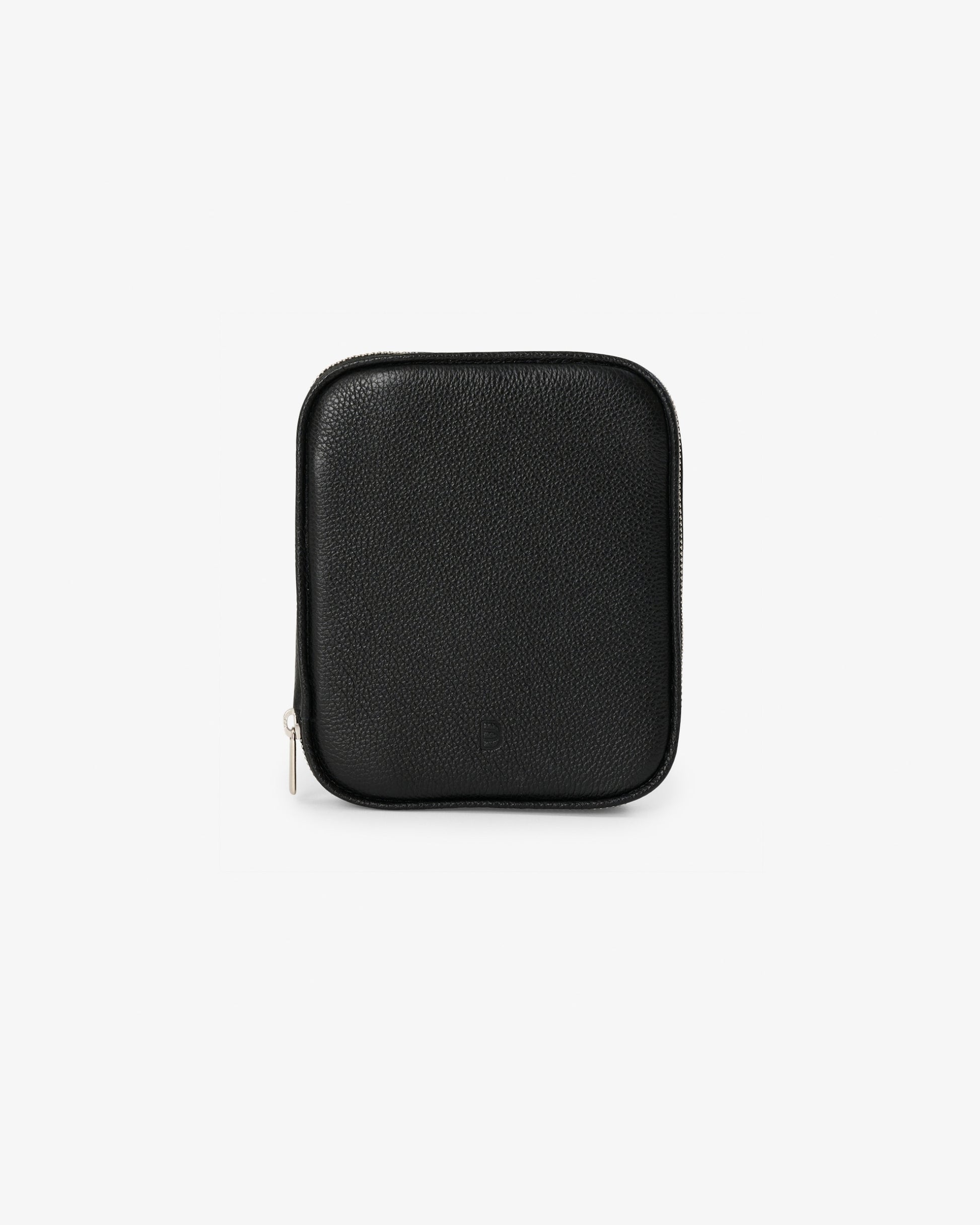 A black textured leather zippered pouch with rounded corners and a small silver zipper pull, shown on a plain light gray background.