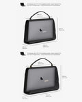 A black laptop bag with a handle, shown twice on a light gray background with dimension labels and compatibility notes for laptop size.