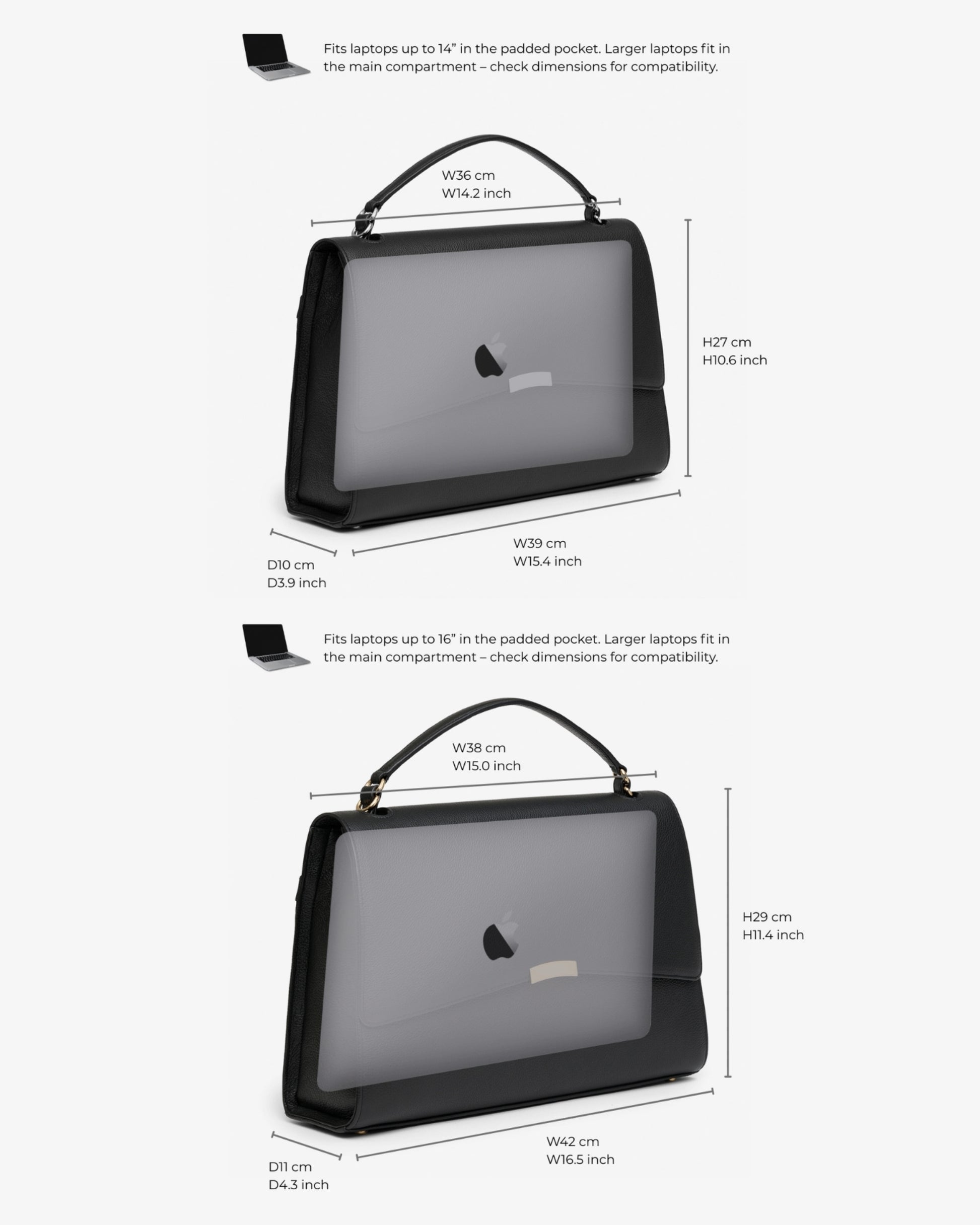 A black laptop bag with a handle, shown twice on a light gray background with dimension labels and compatibility notes for laptop size.