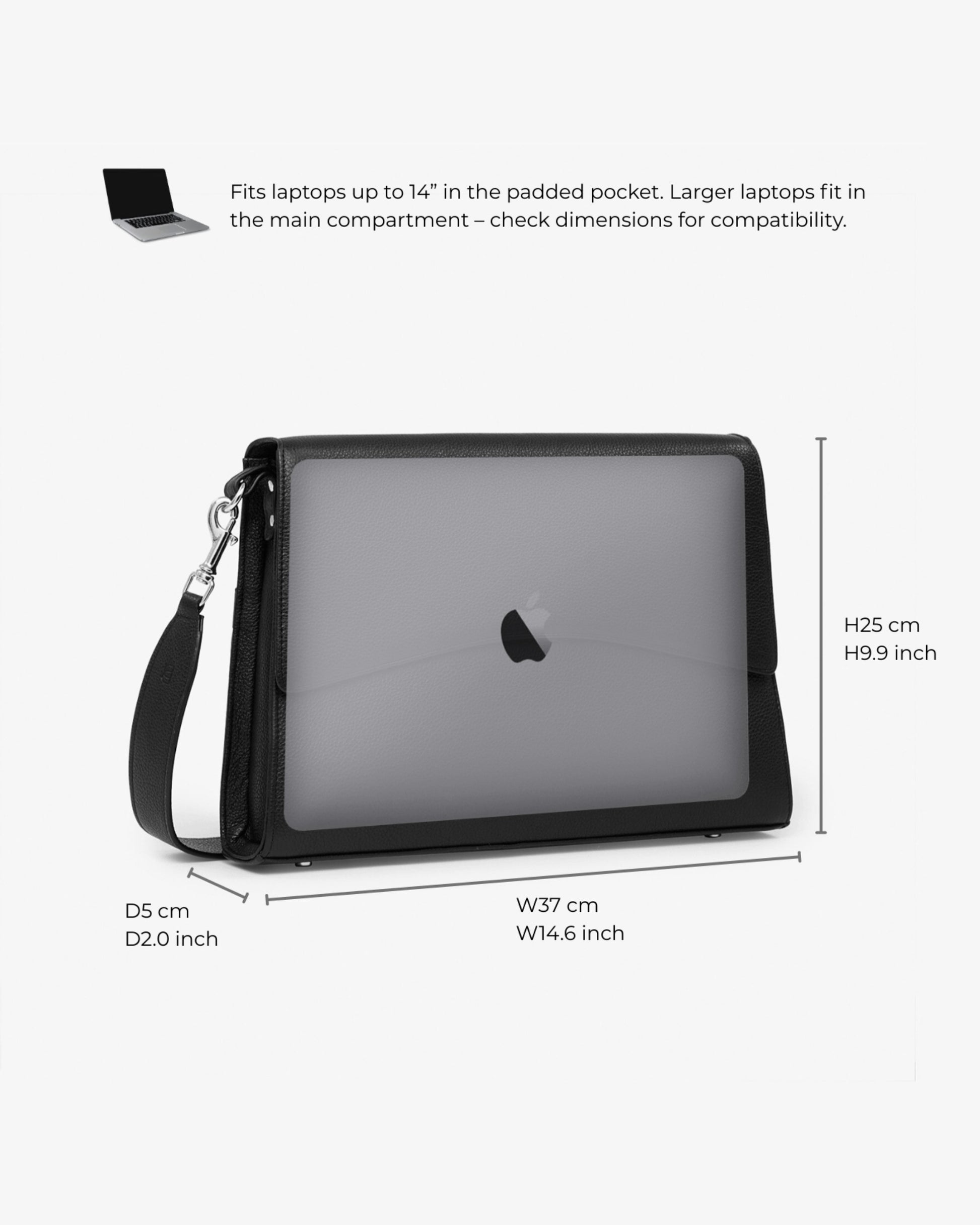 A black laptop bag with a clear front panel and a black shoulder strap, shown on a light gray background with dimension labels and a small compatibility note at the top.