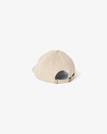 A light beige baseball cap shown from a rear three-quarter angle on a clean, solid off-white background.