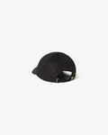 A black baseball cap shown from a rear three-quarter angle on a clean, light gray background.