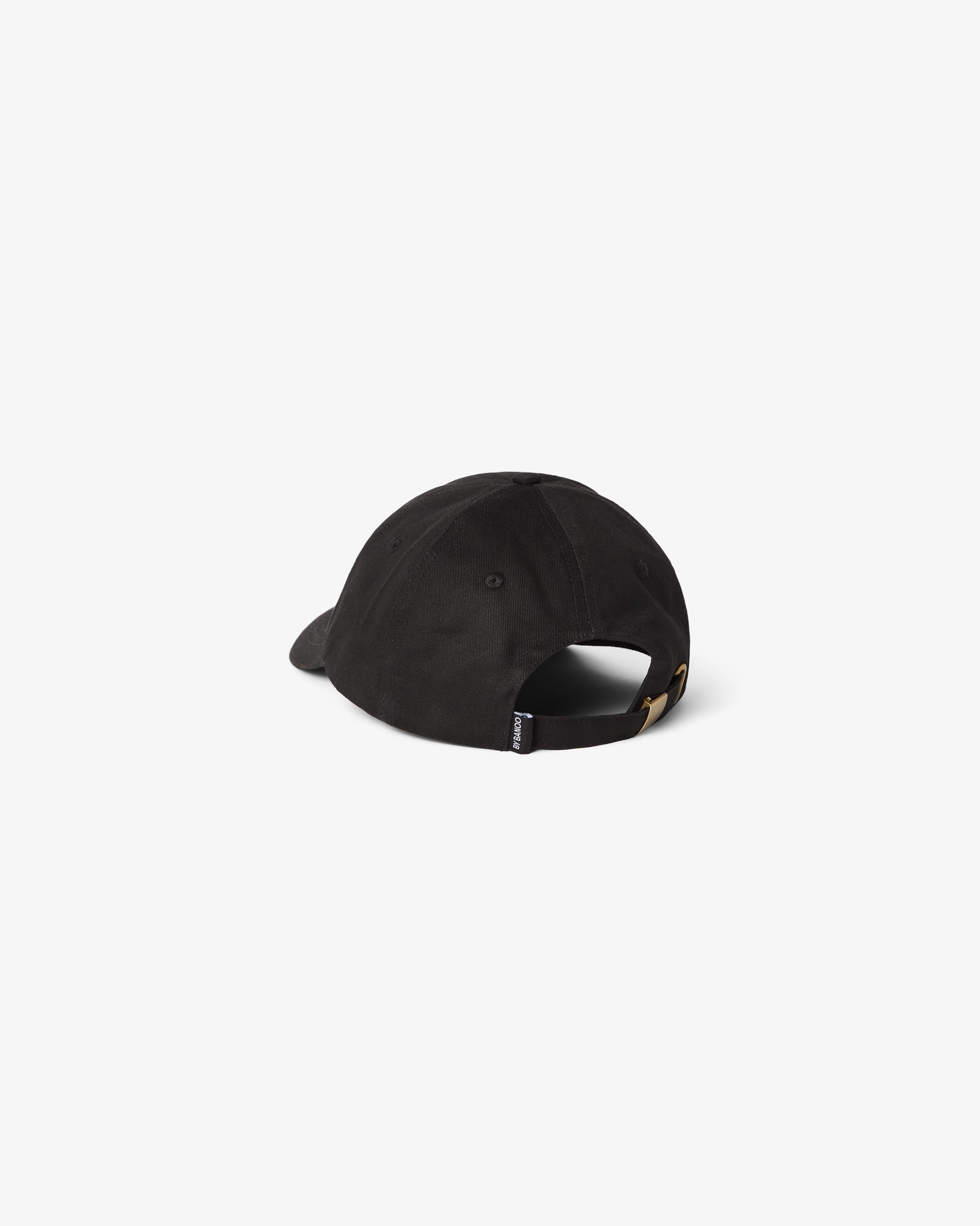 A black baseball cap shown from a rear three-quarter angle on a clean, light gray background.