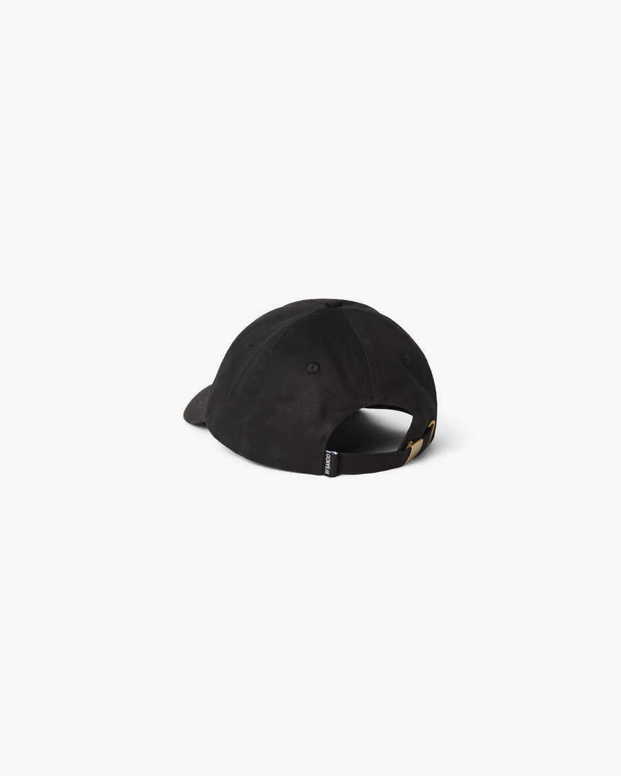 A black baseball cap shown from a rear three-quarter angle on a clean, light gray background.