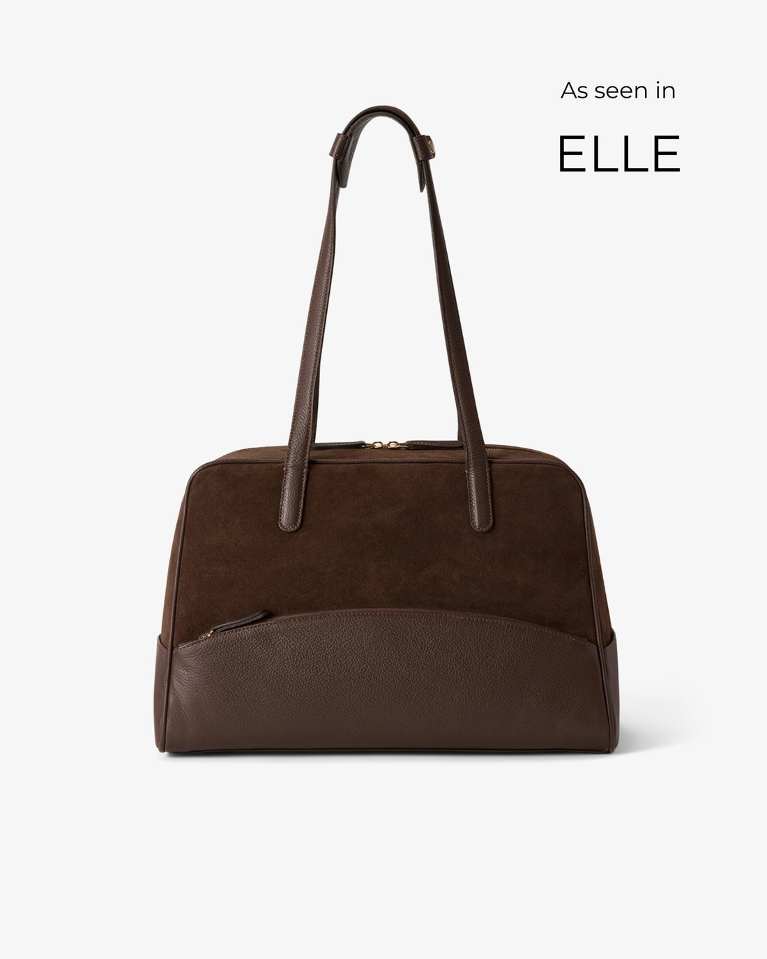 A dark brown leather and suede duffel bag with a top handle, shown against a light gray background with 'As seen in ELLE' text in the upper right.