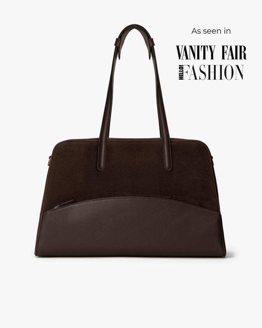 A dark brown structured tote bag with a smooth leather lower front panel and suede upper body, shown on a light gray background with 'As seen in Vanity Fair and Hello! Fashion' text in the top right.