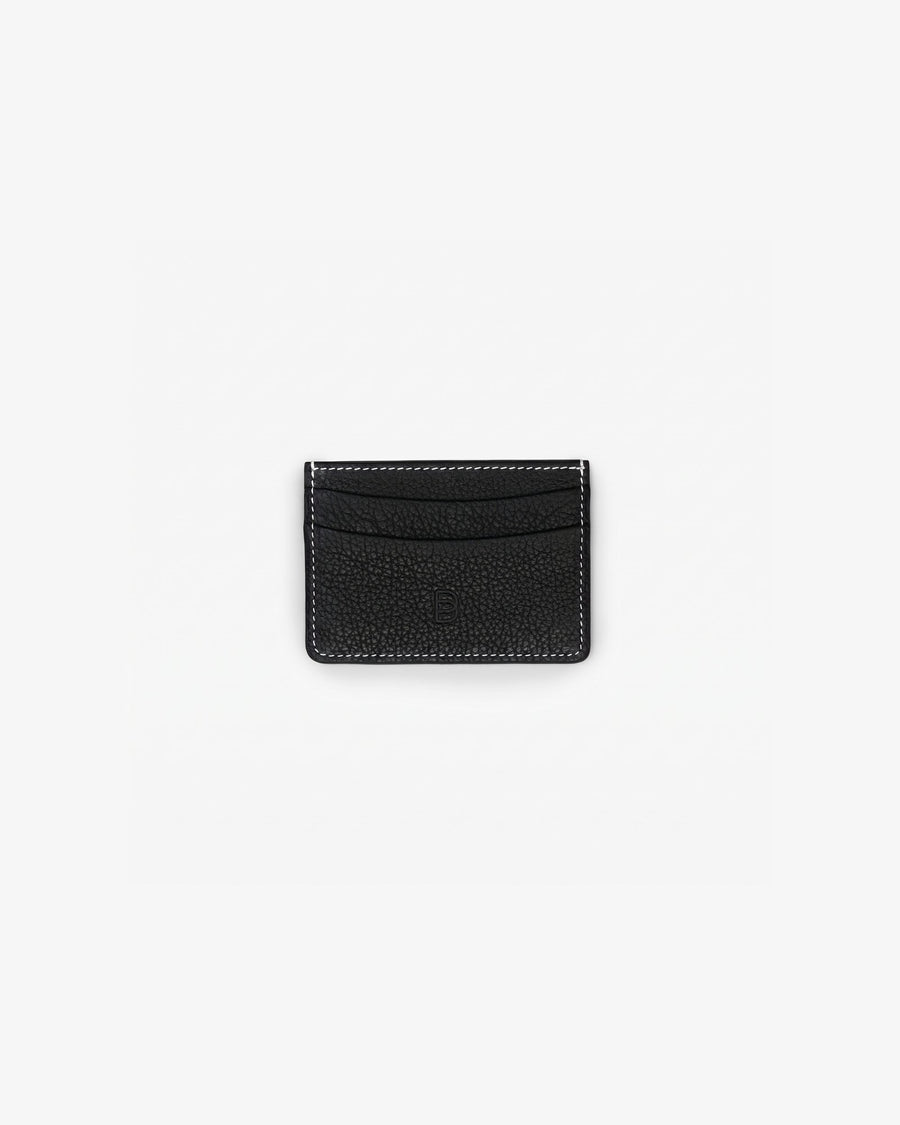 A small black textured leather card holder with visible contrast stitching, centered on a plain white background.