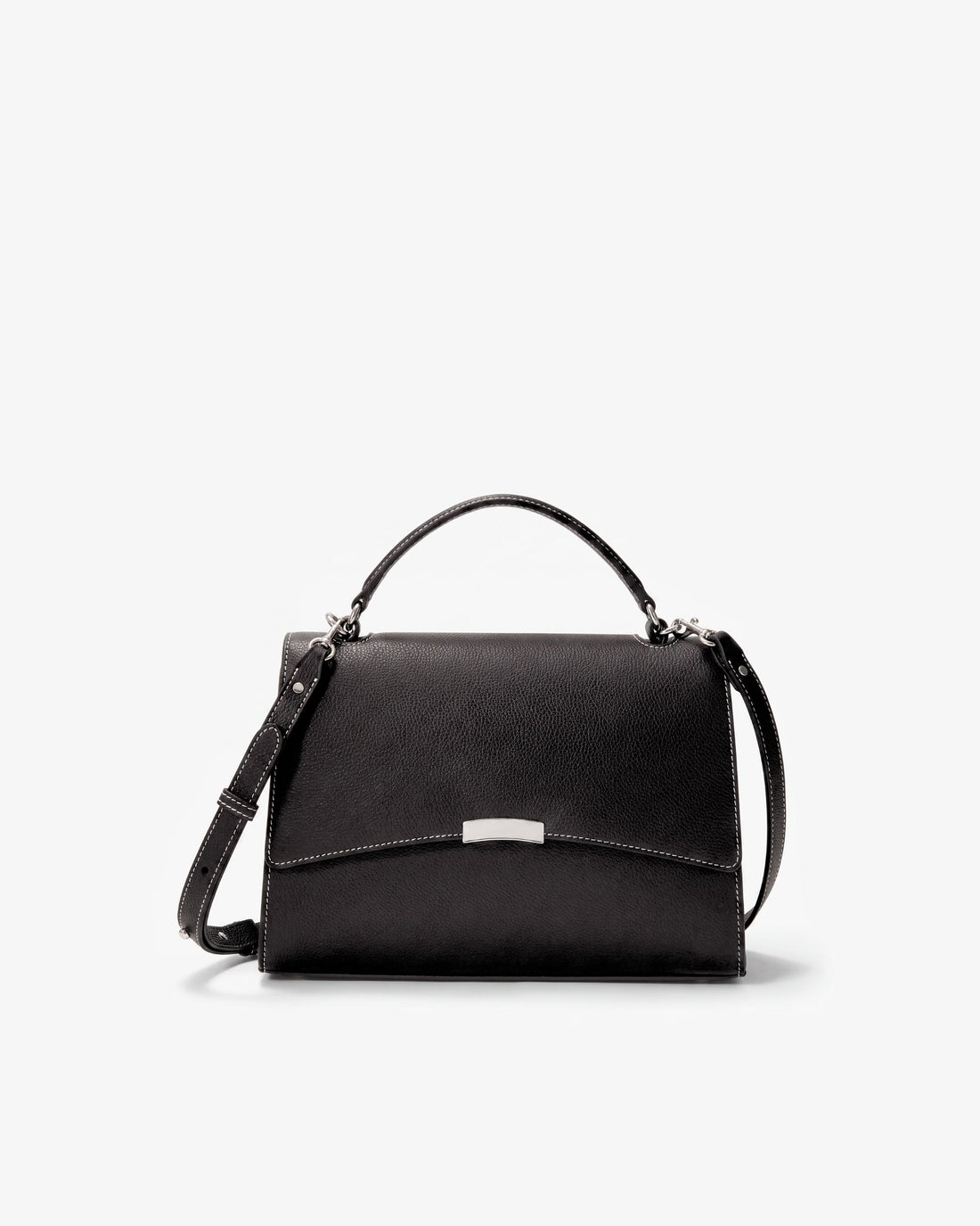 A black leather top-handle handbag with a long shoulder strap and a silver-tone metal accent on the front flap, shown against a plain white background.