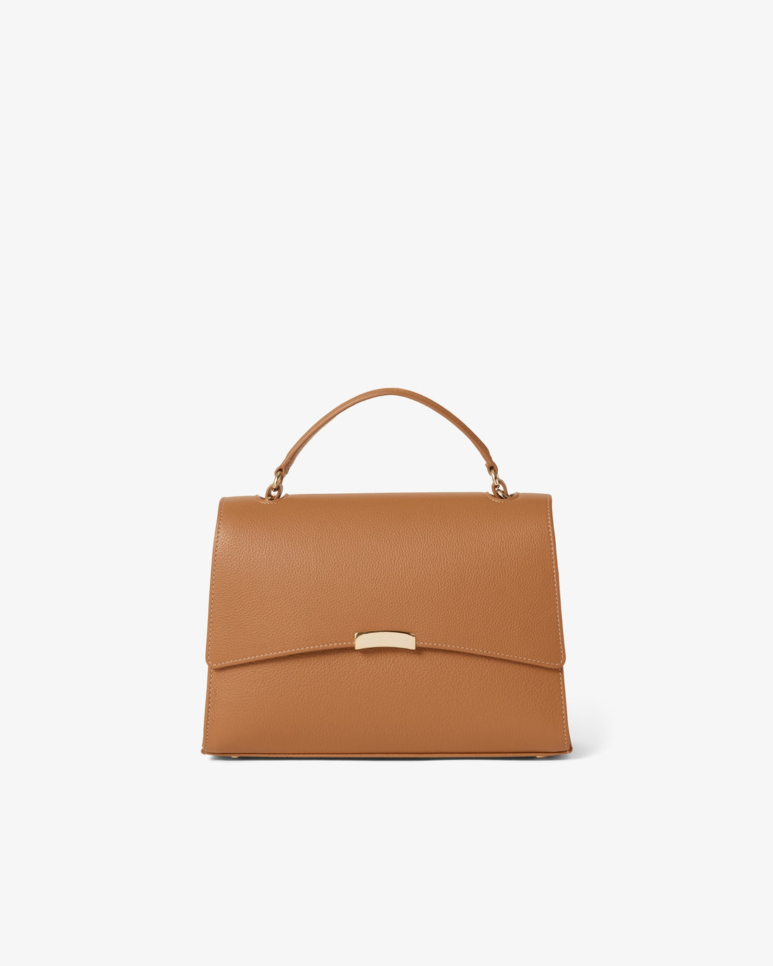 A structured tan leather handbag with a top handle and a gold-tone metal clasp on the front flap, photographed against a clean white background.