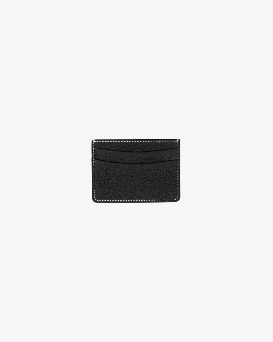 A small black textured leather card holder with visible contrast stitching, centered on a plain white background.
