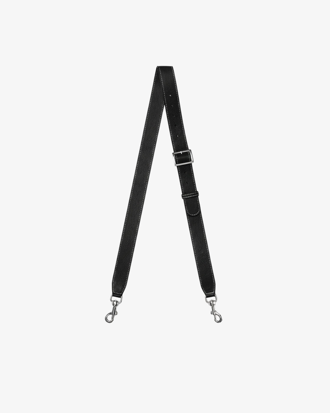 Black cross body strap with silver hardware and contrast stitching, suitable for a bag.