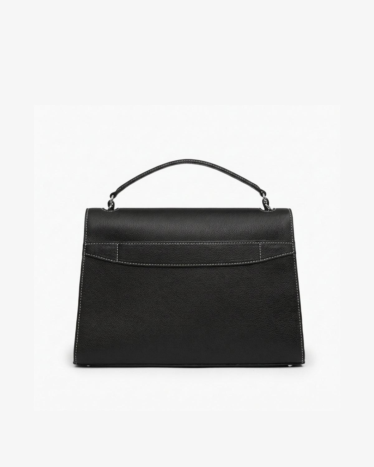 A black leather top-handle handbag with structured edges and contrast stitching, shown from the front on a plain white background.