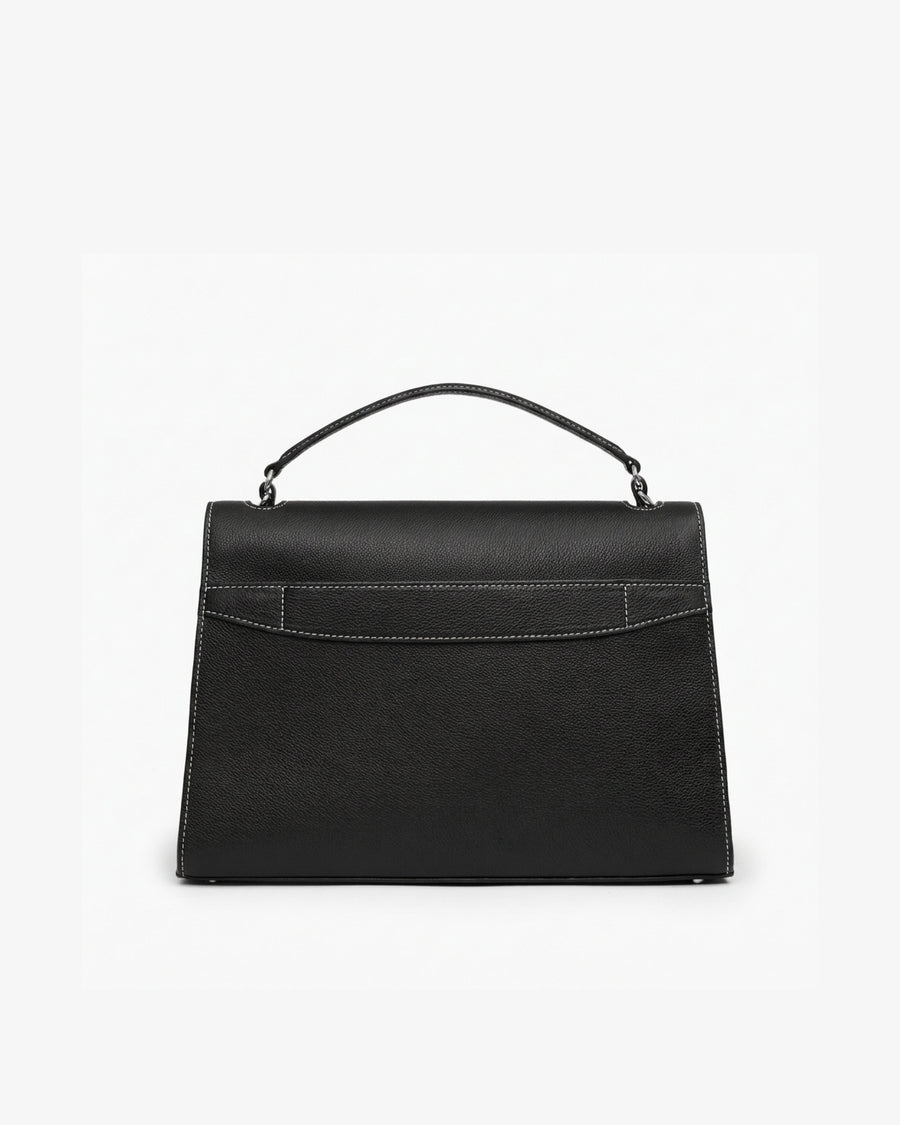 A black leather top-handle handbag with structured edges and contrast stitching, shown from the front on a plain white background.