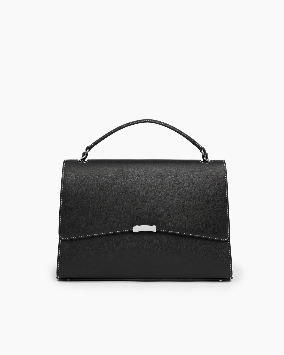 A black leather top-handle handbag with a flap closure, contrast stitching, and a small silver metal accent on the front, photographed against a plain white background.