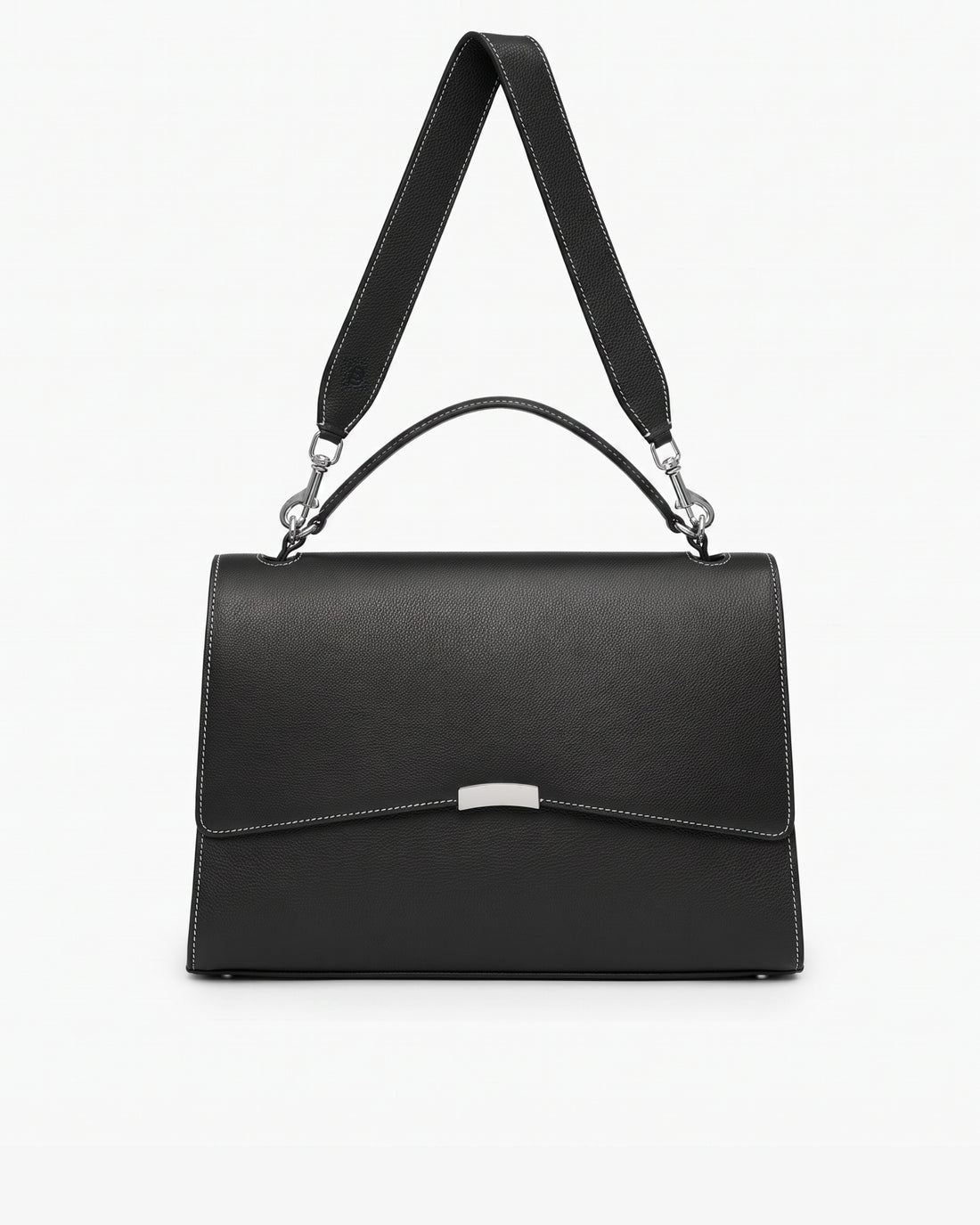 A structured black leather bag with a top handle, a detachable shoulder strap, contrast stitched seams, and a silver-tone metal accent on the front flap, shown against a plain white background.